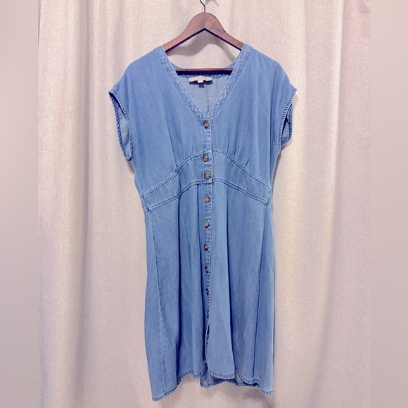 Loft Blue Denim, V Neck, Button Down, A-Line Dress, Size 14 - Picture 6 of 16